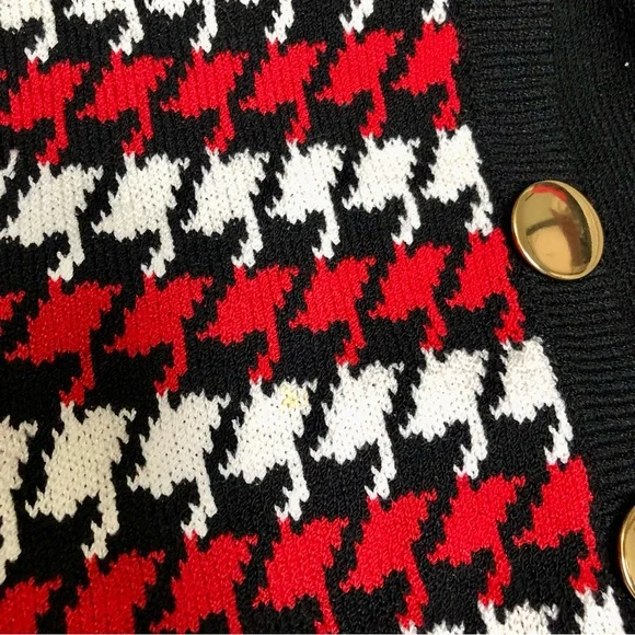 Vintage 80s Lillie Rubin Turtleneck Sweater Houndstooth Black Red Gold Buttons S